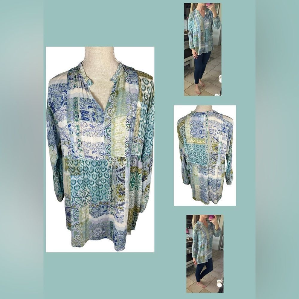 J. Jill Blue & Green Patchwork Print Split Neck 3/4 Sleeve Boho Tunic Top